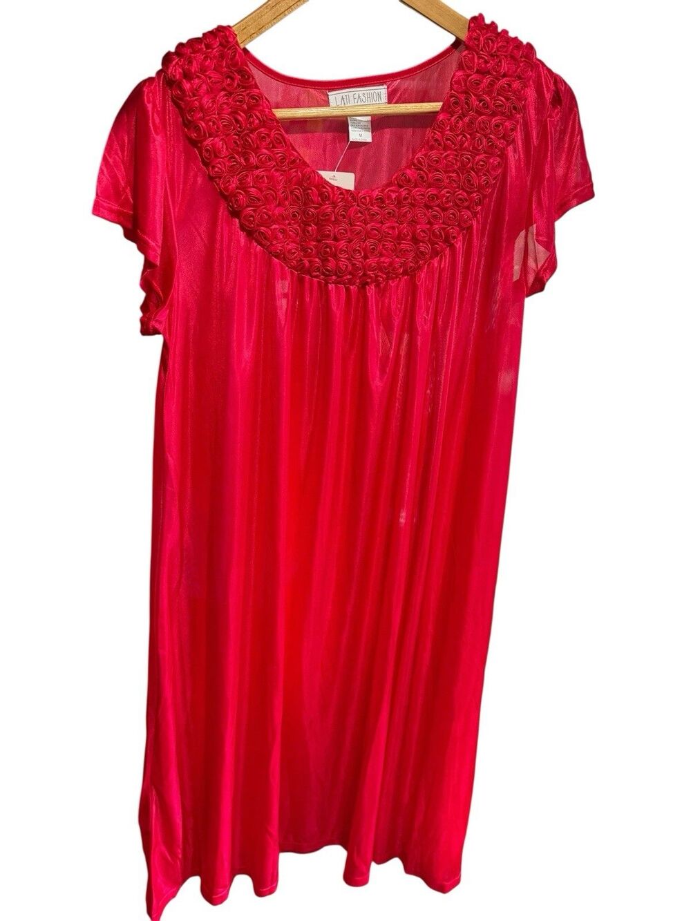 NOS Vintage Nightgown Red Medium Rosette Full Length Short Sleeve Cottagecore